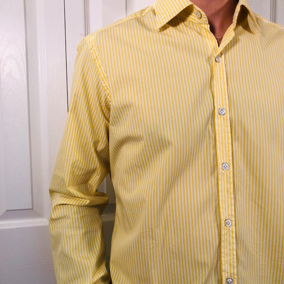 Italian Slim Fit Stretch Yellow Stripe Shirt 16 41 - Picture 3 of 8